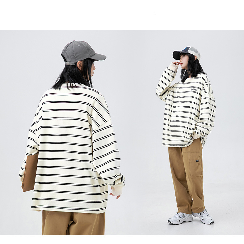 Stripe Sweater  Unisex Anywear Women’s Men's Japanese Autumn Round Neck Versatile Loose Couple Long Sleeve Top Oversized Crewneck Japan Sweaters for Man Woman Trendy in Black Beige White
