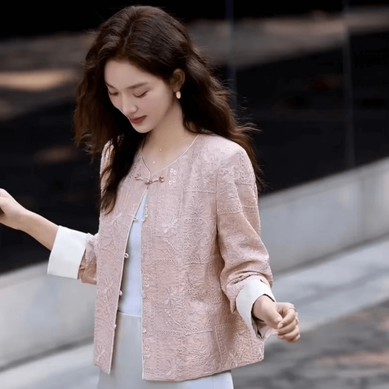 Women&rsquo;s woman womens petite-, tall-, plus-, size pink Chinese Style Short cropped Spring Summer Crewneck Frog buckle Button Floral flowers Embroidery long sleeves Coat Loose Daily Casual Cardigan China Jackets