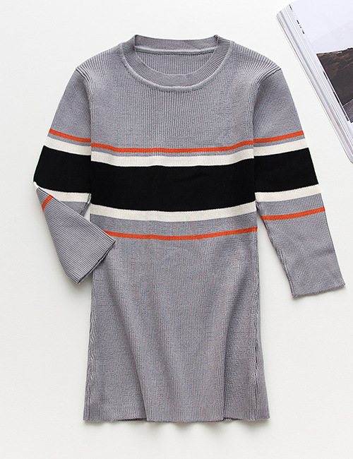 Half Sleeve Ribbed Crewneck Sweater Women Color Block Knitted Tops O-Neck Pullover Sweaters for Woman Trending in White Gray grey