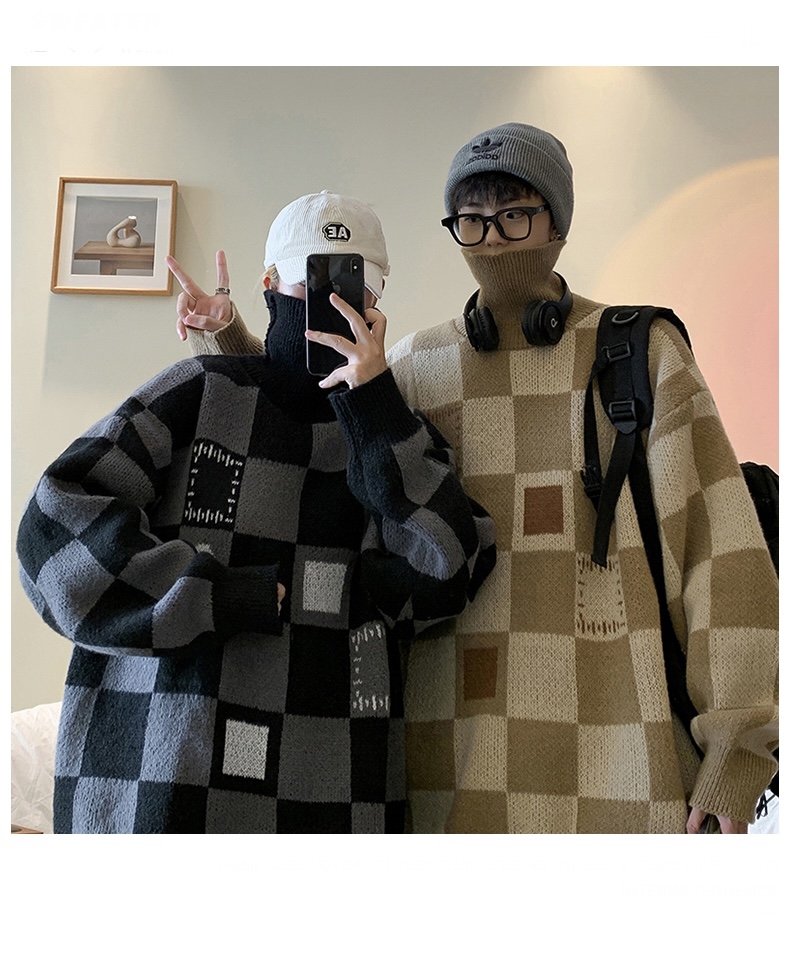 Ribneck Turtleneck Sweater   Unisex Anywear Men's Women’s Knitwear Autumn Loose Couple Contrast Color Plaid Male Knitted Pullovers Sweaters Ribbed Plus Size Trending for Man Woman in black khaki coffee brown