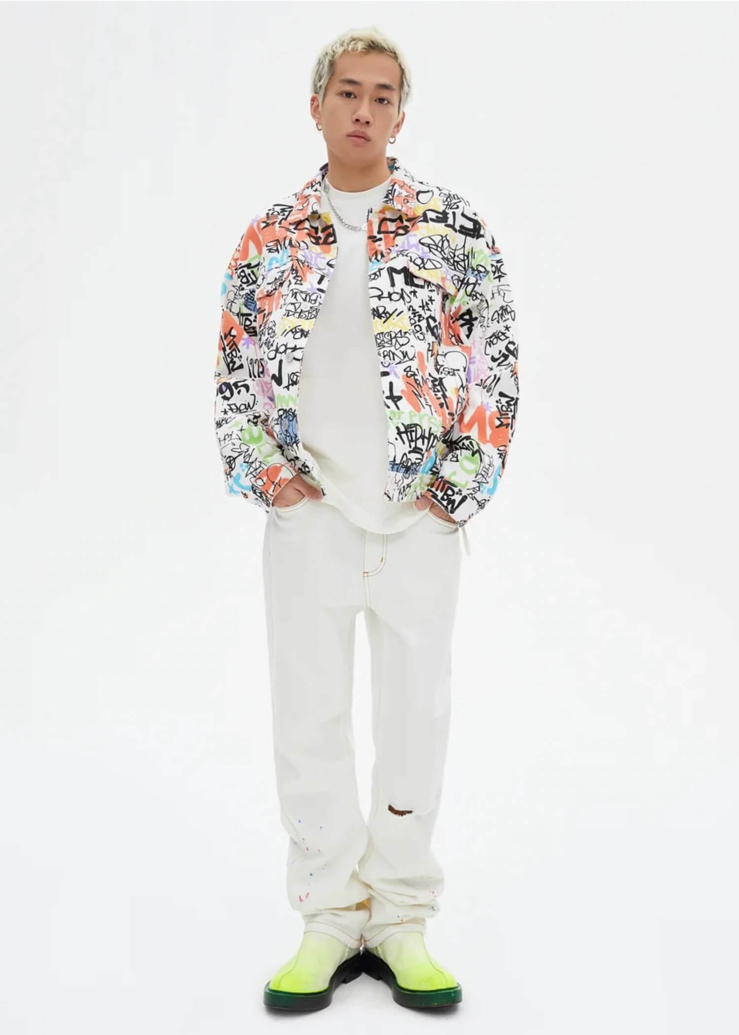 Graphic Print Denim Jacket   Men’s Comfortable Loose Fitting turndown-collar Jackets Casual multicolor coats for man in white Spring Summer Fall Autumn Trend mens Fashionable outerwear Meters bonwe