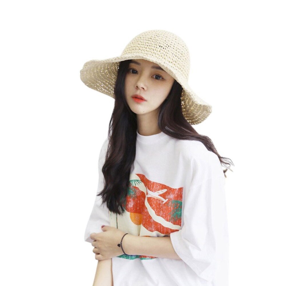 Foldable Cotton Beach Hat    Women's Korean style Foldable Beach Travel Casual Breathable Sunhat Headwear Hats for Woman in Beige