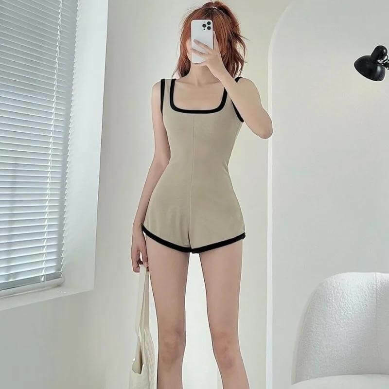 Camisole Jumpsuit Swimsuit khaki    Women’s Block Color Female Summer Casual Thin Self-cultivation Calf-Length high rise waist short Pants Bodysuits Fashion sleeveless squareneck Rompers for woman in apricot Womens swimwear