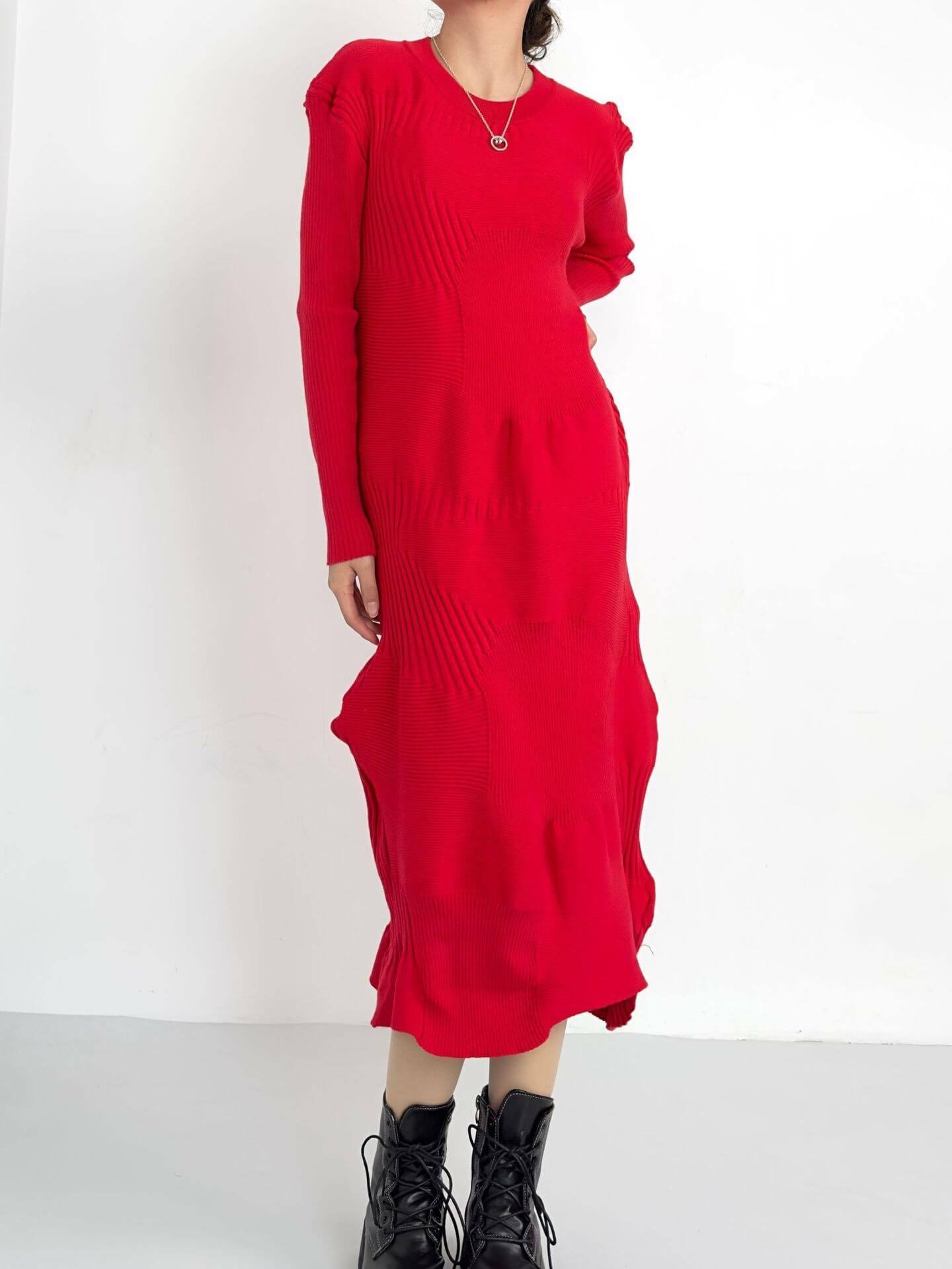 Pleated Knit Fold Dress miteigi Homme Plissé Issey Miyake Women’s ribbed Knitted Fold Irregular long sleeves crewneck frills Original Designer Below knee frilled round o-neck dresses for woman in red  Spring Summer New Year's Party Womens crew neck KONE KONE Fashion Evening Wear