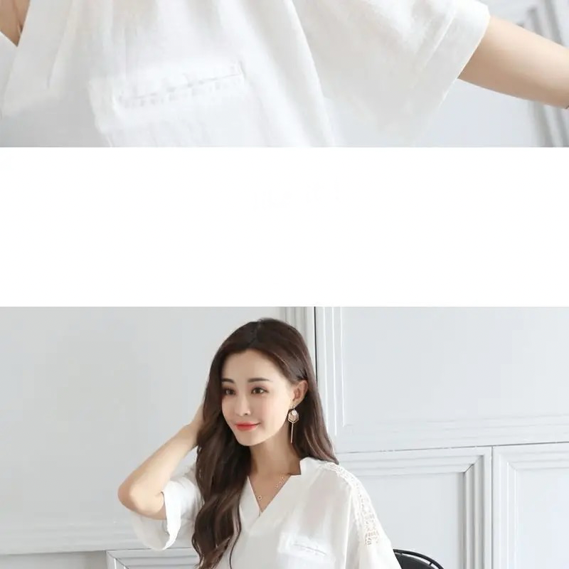 Hollow Out V-Neck Cotton Top  Women’s Design Daily All-match Loose Blouse Womens plus size Korean Style Elegant Office Ladies Casual Summer Fashion Top Classic Tops Short sleeves Blouses for Woman in white