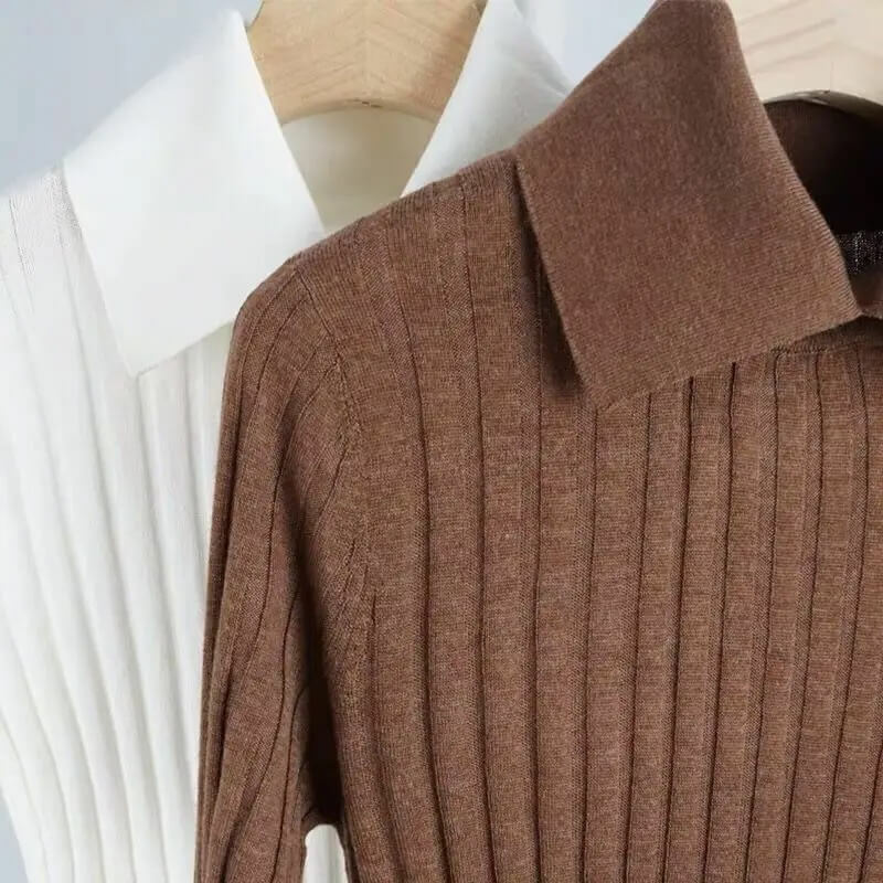 Silk Cashmere Rib Top Women’s Spring Base ribbed Blouse Shirts Full Sleeves Wool Turn-Down Collar Slim Elastic Casual commuter workwear petite size womens Tops woolen Blouses for woman in white, auburn brown