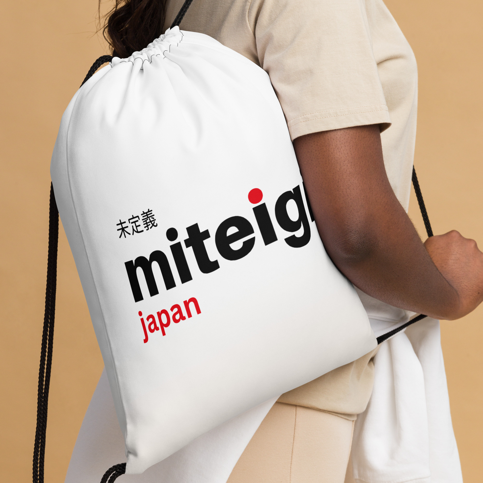 Drawstring Bag miteigi Logo miteigi-Log Branded product item miteigiYūki Fitness Sports Activewear by miteigi products brand items luggage baggage bags White