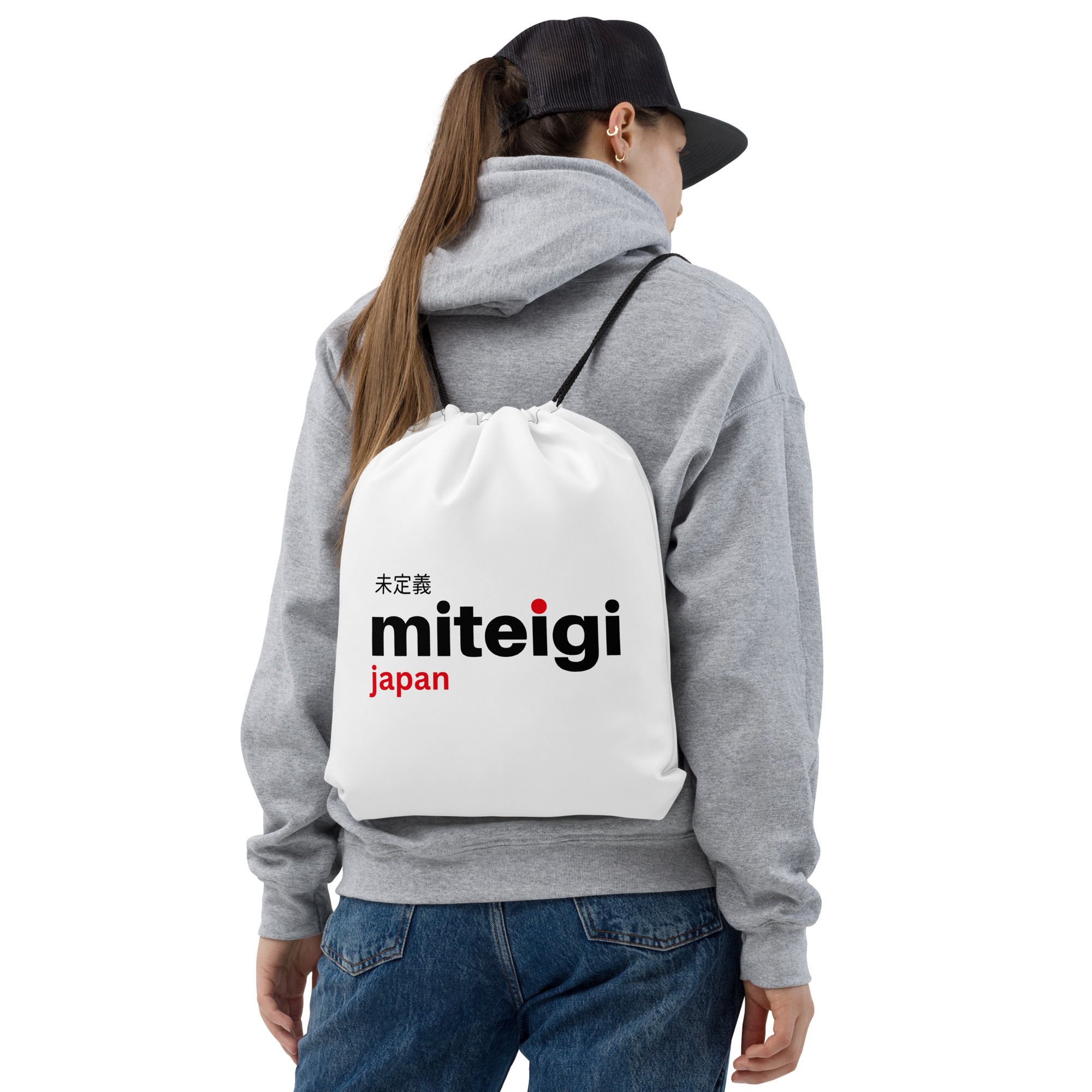 Drawstring Bag miteigi Logo miteigi-Log o Branded product item miteigiYūki Fitness Sports Activewear by miteigi products brand items luggage baggage bags White