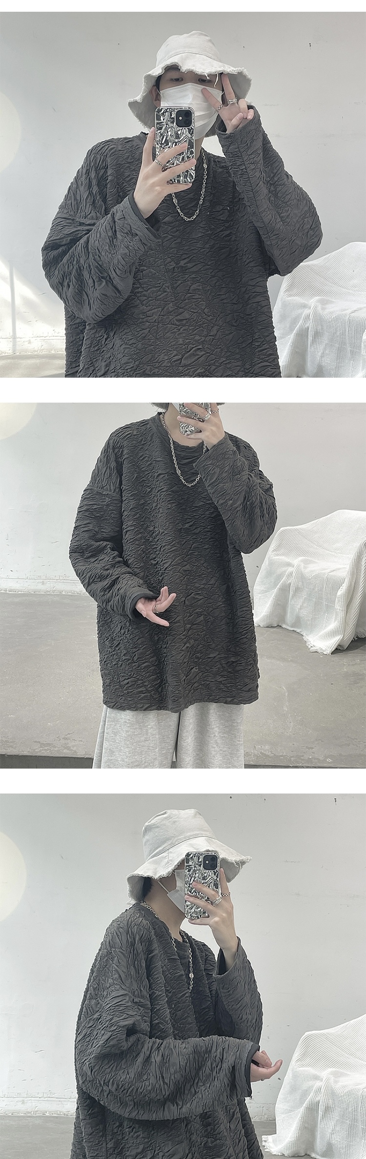 Pleated Oversized Top  Mens Women’s Three-dimensional Design Round O-Neck T-Shirt Men Oversize T Shirts Korean Spring Long Sleeve Unisex Anywear Fashion Male Tees Korea Crewneck Plus Size Tops Trendy for Man Woman in White Gray grey