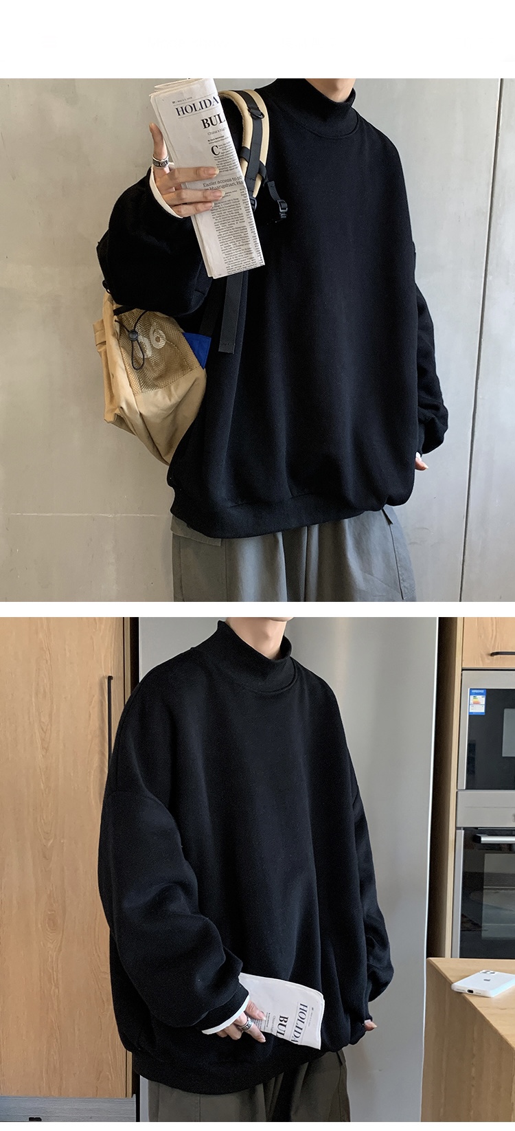 Ribbed Turtleneck Sweatshirt   Men's Autumn Winter Solid Color Male Jumpers Hoodies Casual Unisex Anywear Mens Women’s Pullovers Rib Sweatshirts for Man Woman in black 
