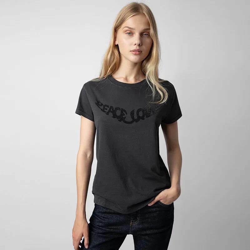 Crew Neck T-Shirt gray   miteigi France Women's T-shirt Cotton Round O-Neck Crewneck Short Sleeves Slim Casual Solid Women's T-shirts French look Tops for woman in dark grey with black Wing-shaped Zadig & Voltaire “PEACE & LOVE” diamanté embellishment Letter print Spring Summer Fall Autumn womens fashion season