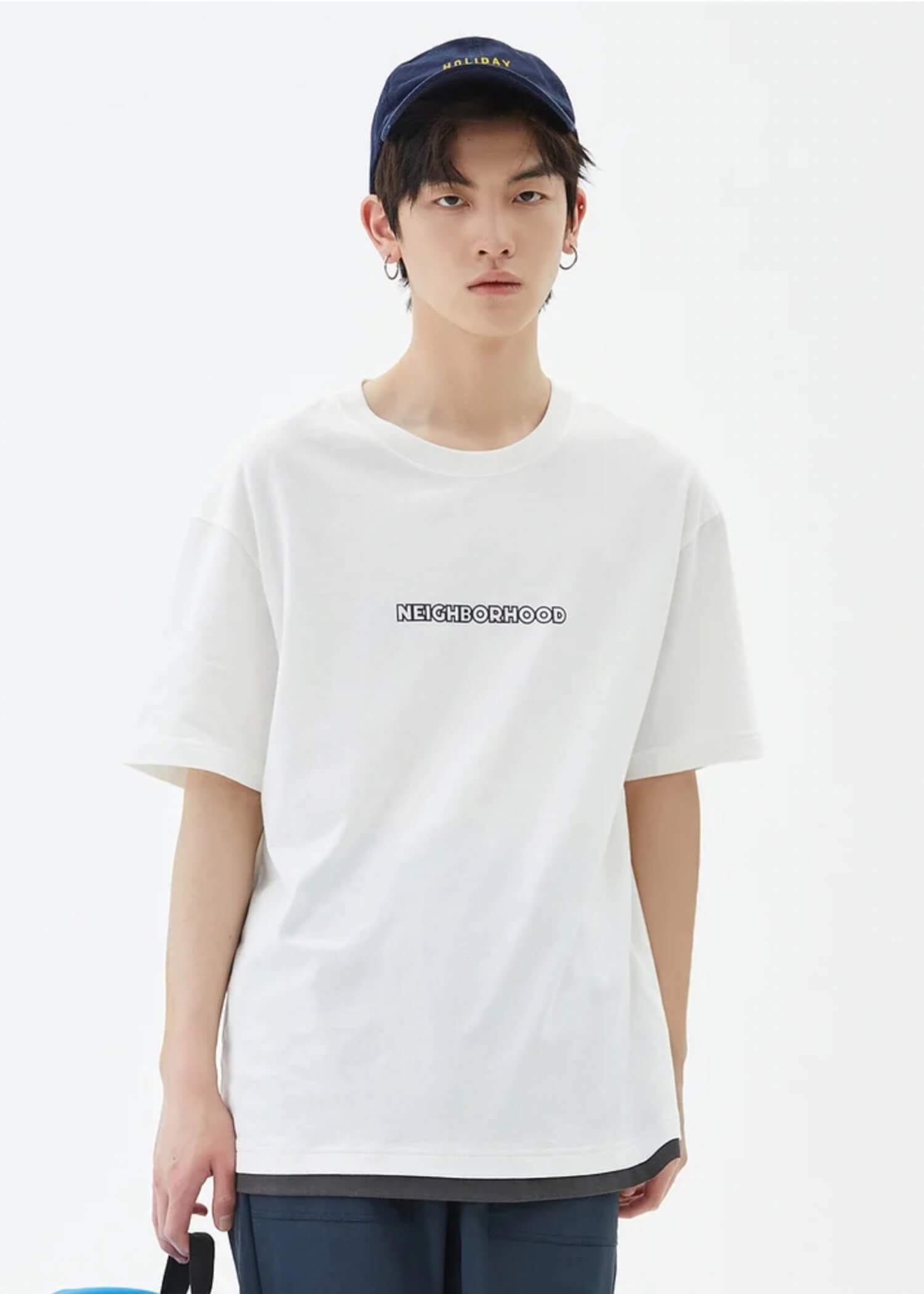 Letter Print Crewneck T-Shirt white   Men's Short Sleeves TShirt Summer Pure Cotton round o-neck Casual NEIGHBORHOOD Tees mens crew neck Tops petite-, tall-, plus-, size T-Shirts for man Metersbonwe