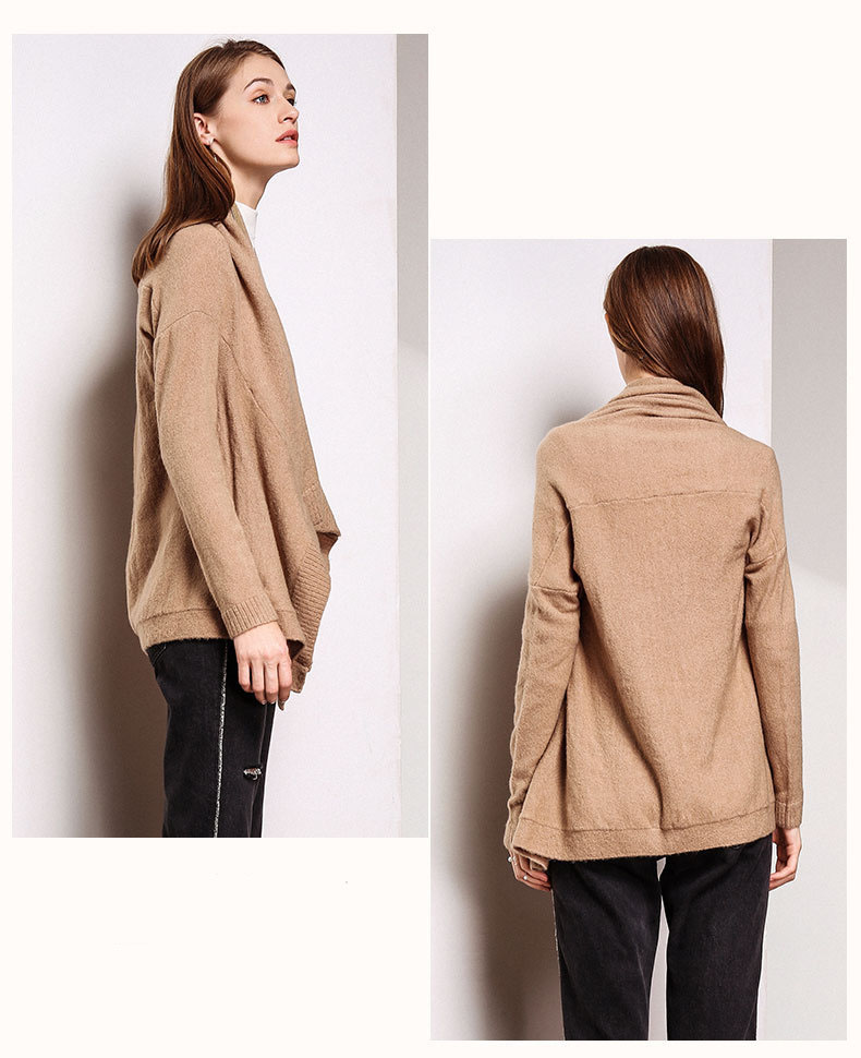 Asymmetrical Cardigan Sweater Women’s Elegant Shawl Collar Draped Knitted Cardigans for Woman Trend in Camel Brown