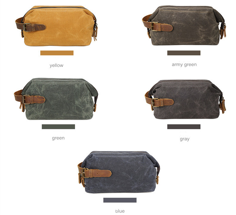 Oil Wax Canvas Clutch Bag  Unisex Anywear Mens Women’s Retro Style Top Layer Cowhide Toiletry Cosmetics Fashion Wrist Bags Trending for Man Woman in Army Green Blue Gray / Grey Khaki Yellow