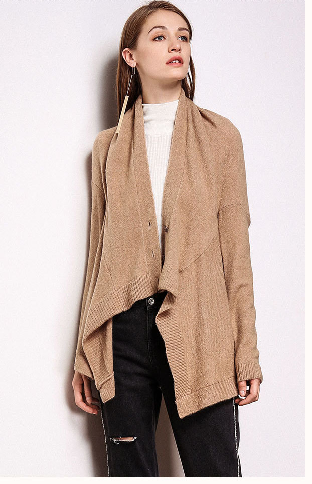 Asymmetrical Cardigan Sweater Women’s Elegant Shawl Collar Draped Knitted Cardigans for Woman Trend in Camel Brown