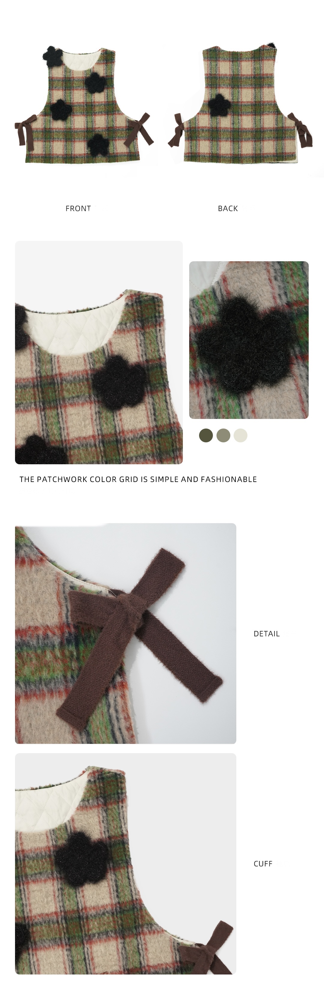 Plaid Tartan Vest  Women’s Japanese original design green cream plaid flower decal warm with tie bow woolen sweater casual fashion waistcoat Japan Sweaters worlds Vests for Woman World’s Collide