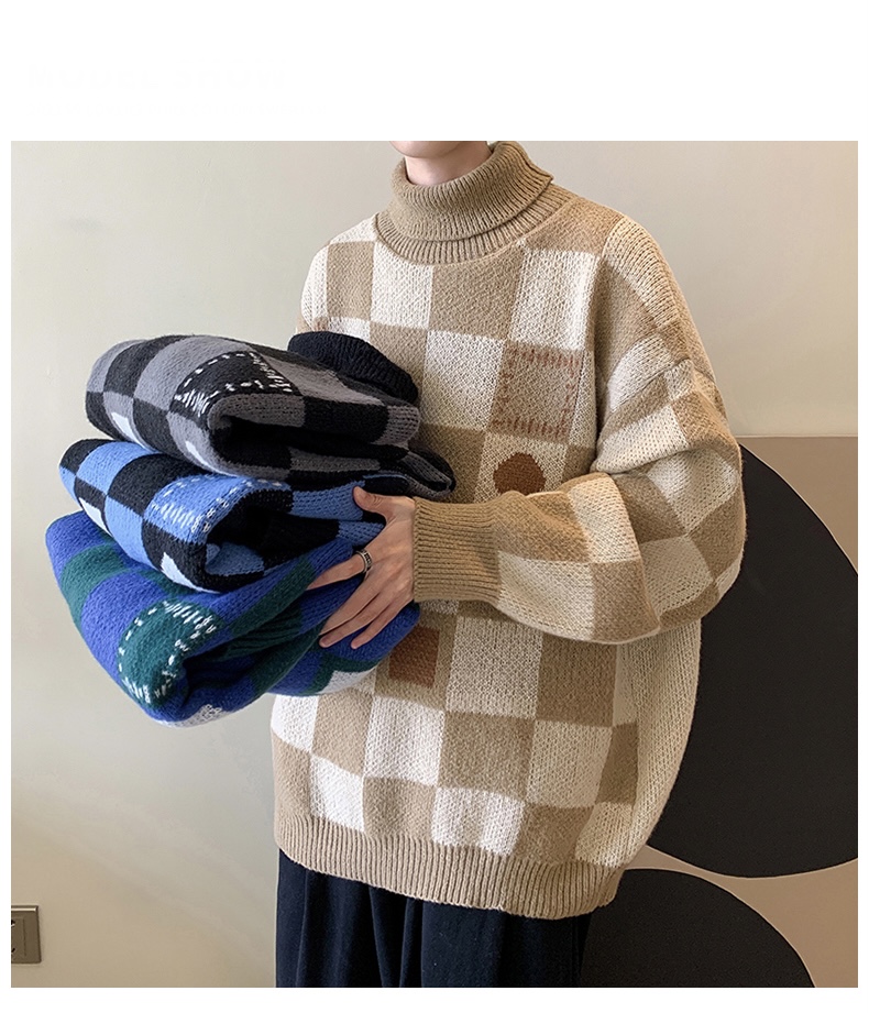 Ribneck Turtleneck Sweater   Unisex Anywear Men's Women’s Knitwear Autumn Loose Couple Contrast Color Plaid Male Knitted Pullovers Sweaters Ribbed Plus Size Trending for Man Woman in Blue Green