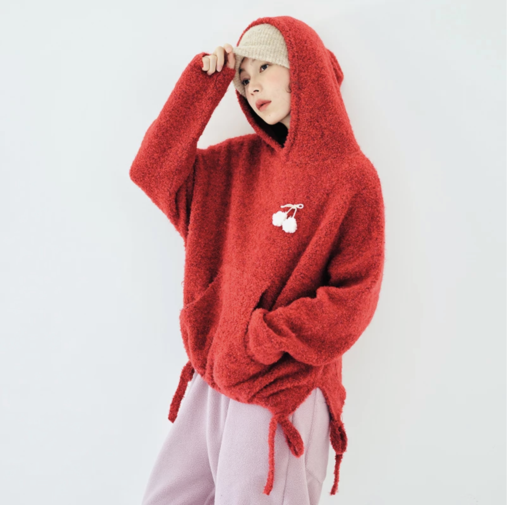 Hoodie Sweatshirt  Women’s Japanese original Autumn Winter Circle Fur red Poinsettias Japan hooded sweatshirts for Woman