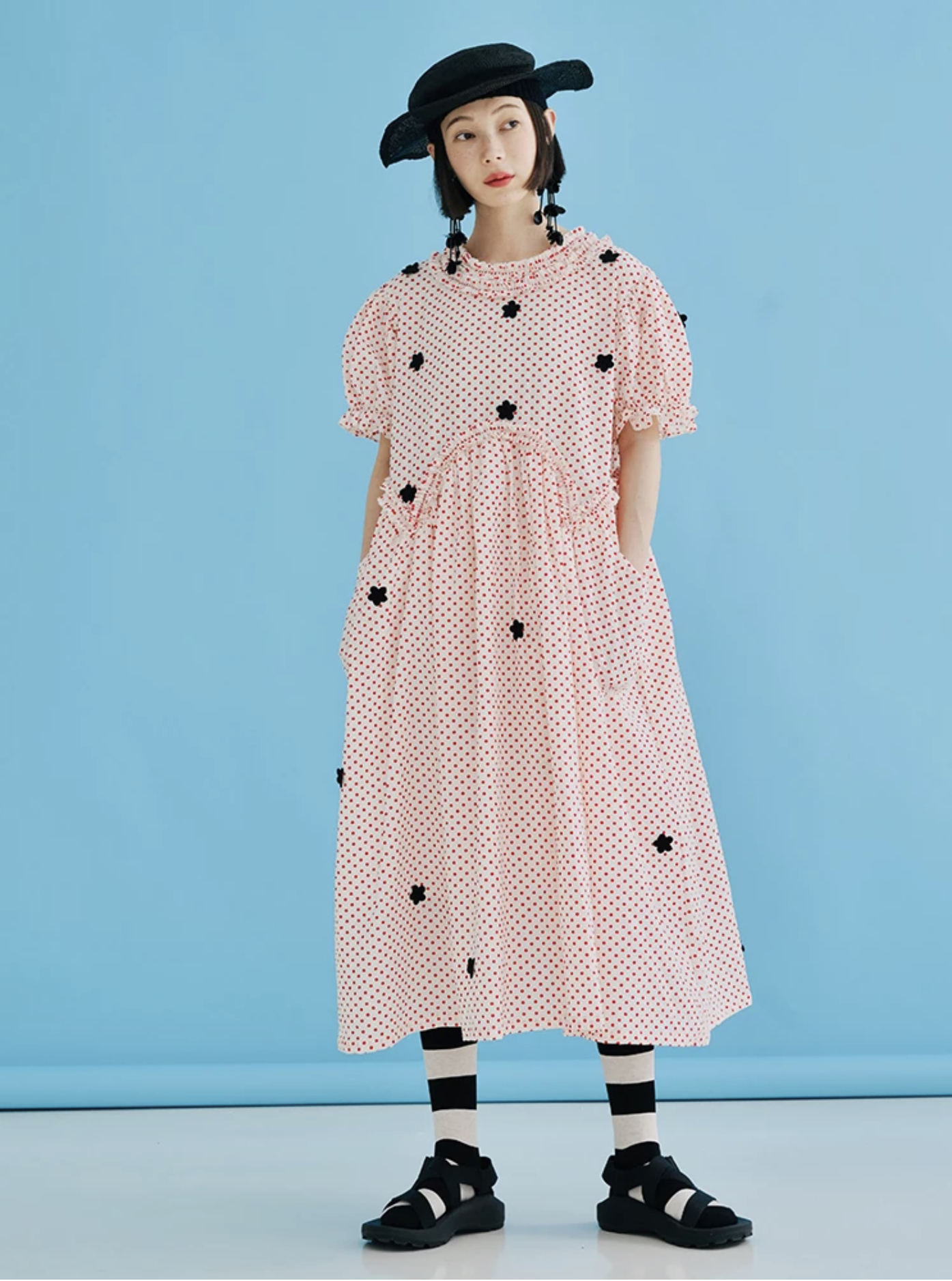 Crewneck Florets Dress  Women’s Japanese original Summer seerwork pink Polka Dot Floral casual elegant luxury designer O-Neck Cotton Japan Puff Sleeve Flower Dresses Trendy for woman