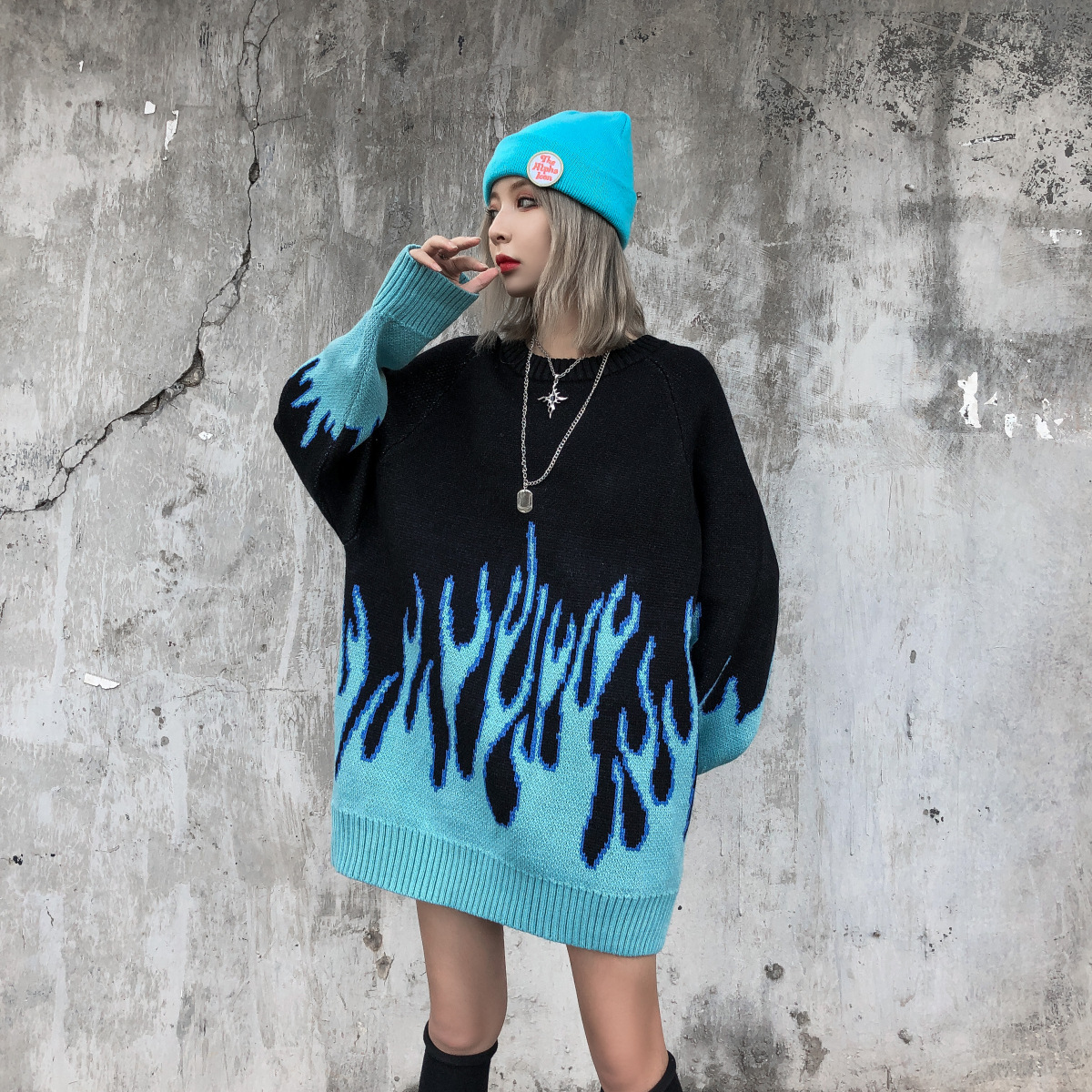 Flame Knit Crewneck Sweater Unisex Men’s Women’s Hip Hop Flames Knitted O-Neck PulloveHarajuku Printed Pullovers Oversized Sweaters for Man WomanTrends in Sky Blue