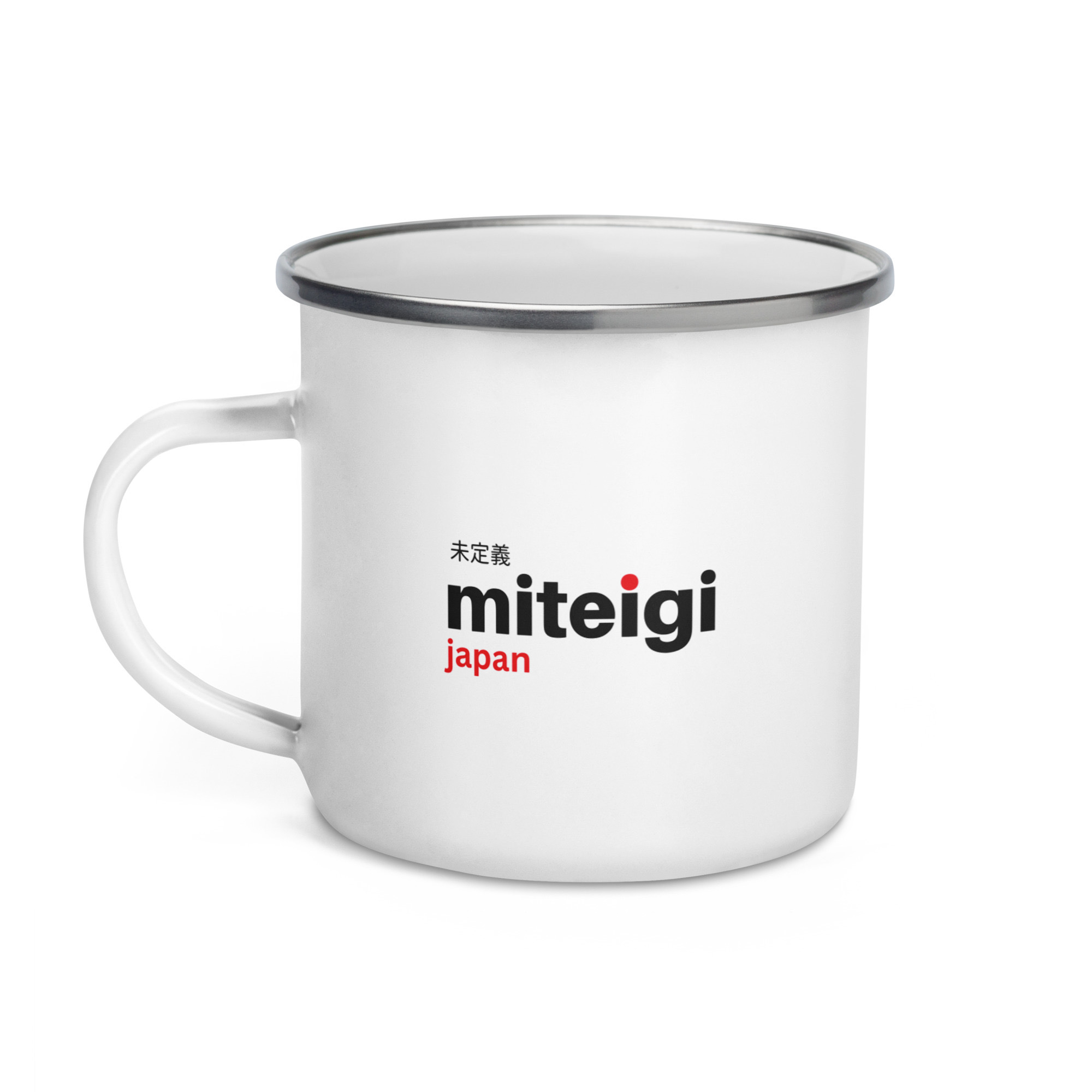 miteigi Logo Enamel Mug with handle Outdoors camping hiking branded product item Mugs Drinks containers White with silver rim