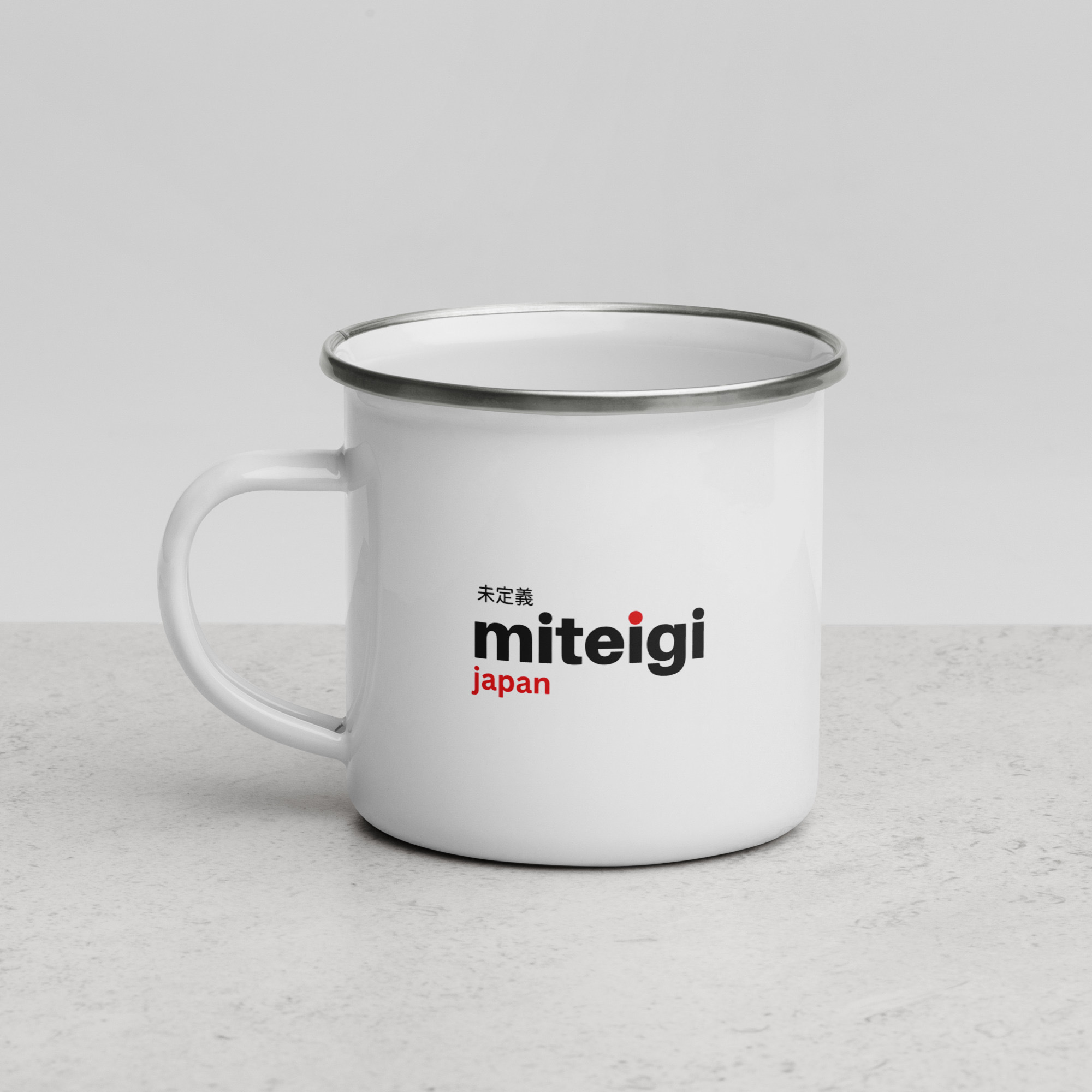 miteigi Logo Enamel Mug with handle Outdoors camping hiking branded product item Mugs Drinks containers White with silver rim