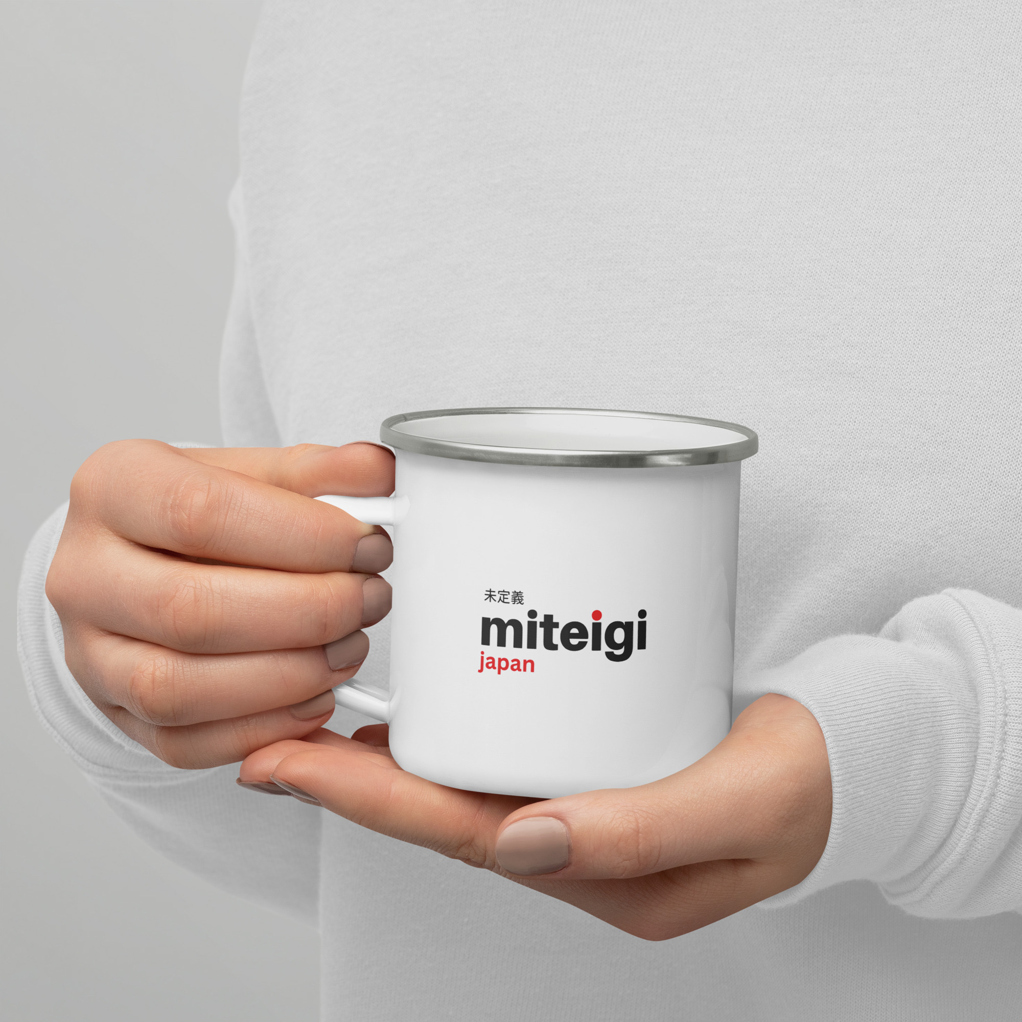 miteigi Logo Enamel Mug with handle Outdoors camping hiking branded product item Mugs Drinks containers White with silver rim