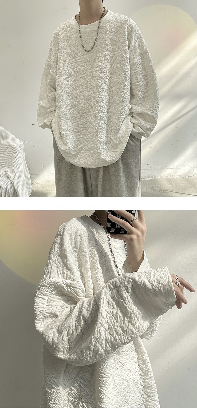 Pleated Oversized Top  Mens Women’s Three-dimensional Design Round O-Neck T-Shirt Men Oversize T Shirts Korean Spring Long Sleeve Unisex Anywear Fashion Male Tees Korea Crewneck Plus Size Tops Trendy for Man Woman in White Gray grey