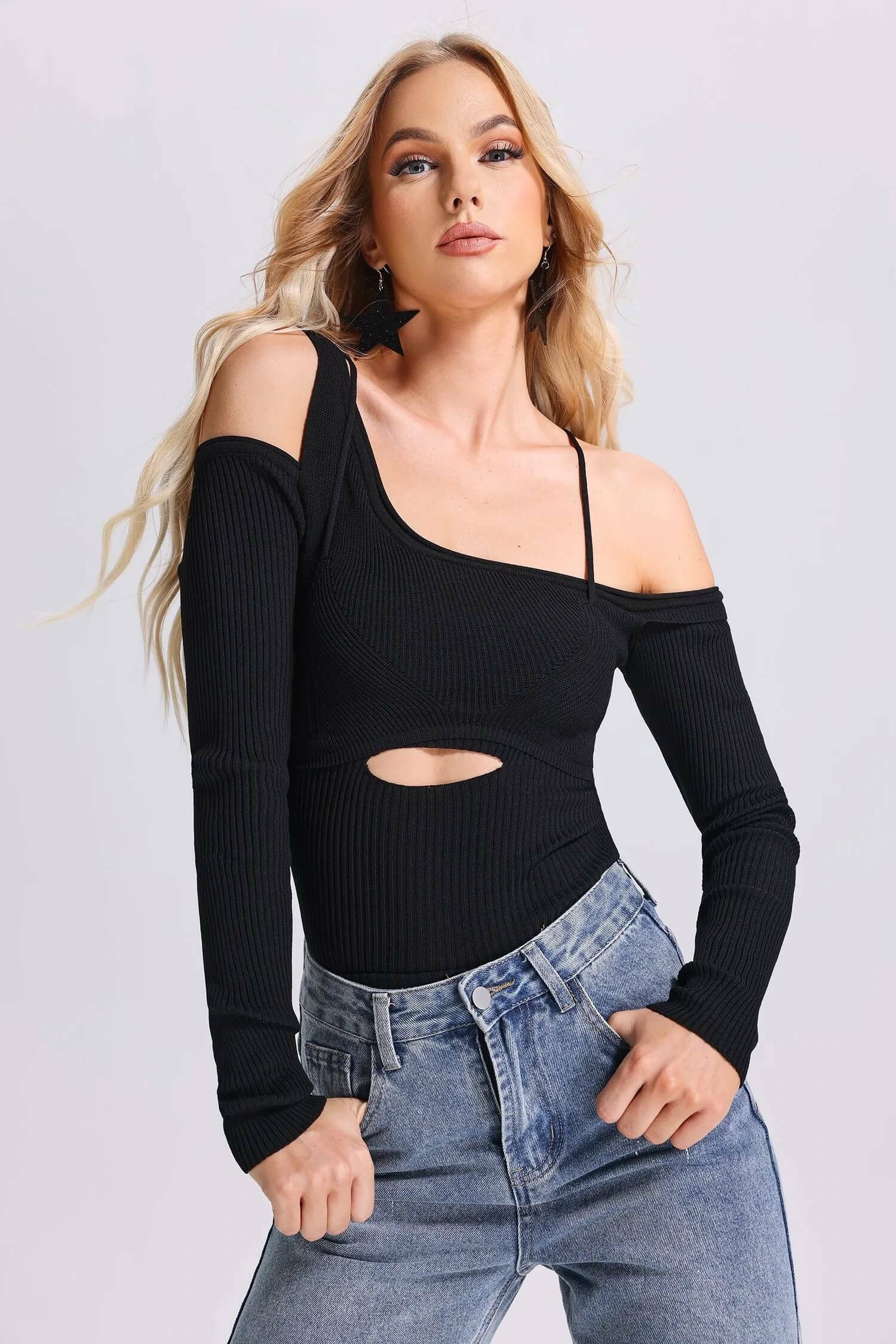 Layered Ribbed Knit Top black    Women's Irregular One Shoulder Strapless Tank Top, One-Shoulder womens Halter, Splicing Knitted, Slim fit, Bottoming grey Shirts, Y2K, Spring and Summer Tops for woman