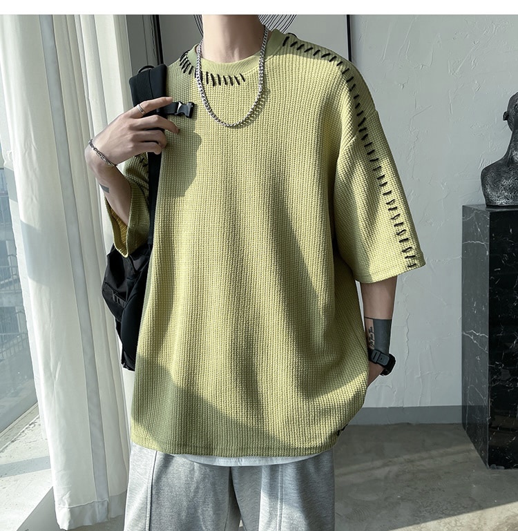 Waffle Stitch Sew T-Shirt   Anywear Men's Women’s Manual Sewing Summer Korean Man Oversized Short Sleeve Mens Tshirt Streetwear Unisex Tops Tees Korea T-shirts Plus Size for Man Woman in green 