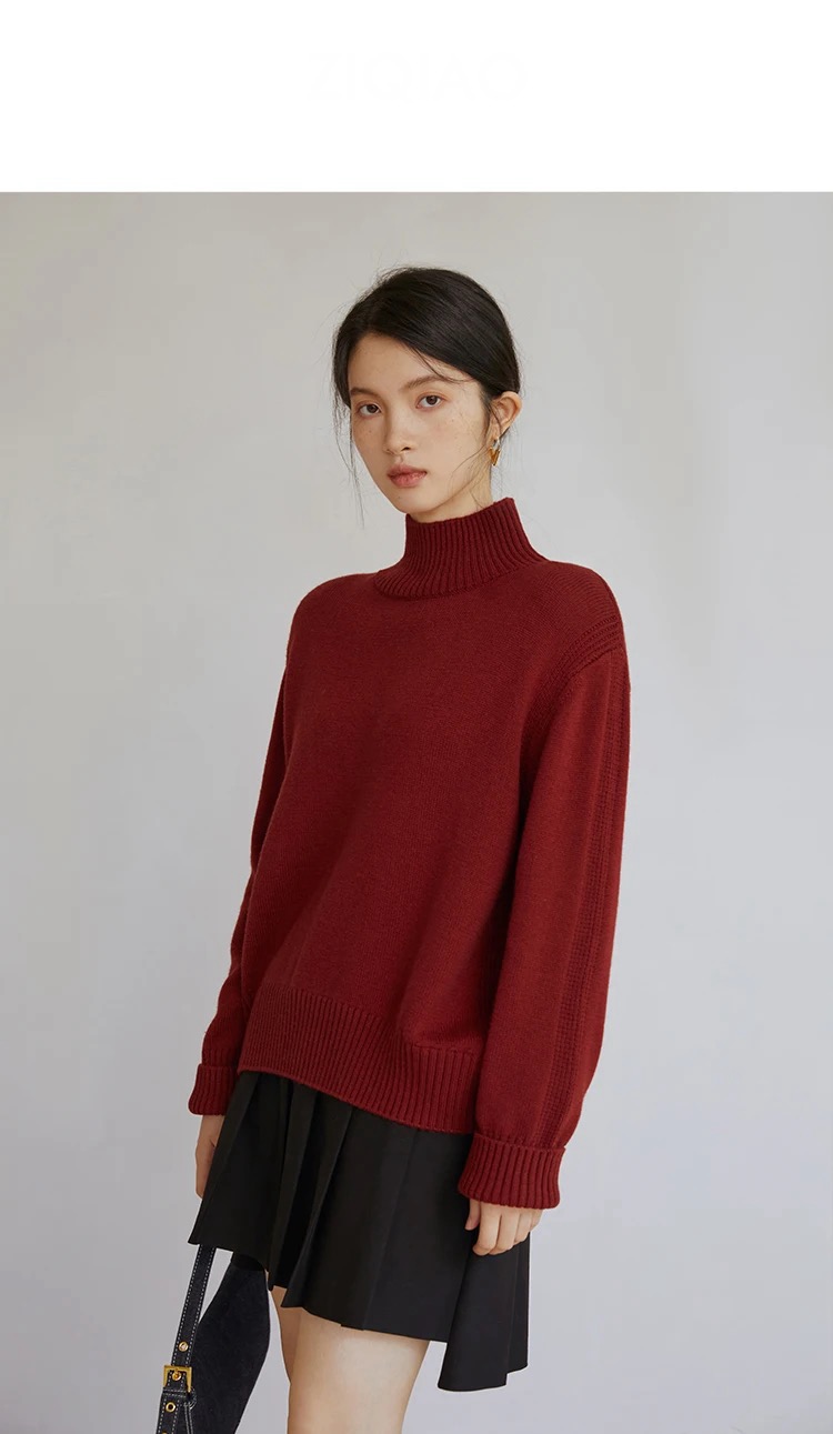 Turtleneck Rib Sweater red   Women's Mockneck High Collar Vintage womens petite size Autumn Winter Slouchy Soft Waxy Outwear Knitted Full Sleeve Workwear Tops Ribbed Sweaters for woman