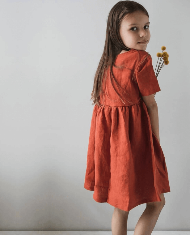 Kids Mori Dress  Girls Summer Children's Clothing Literary Cotton And Linen Short-Sleeve Boatneck round neck Princess Dresses in Red