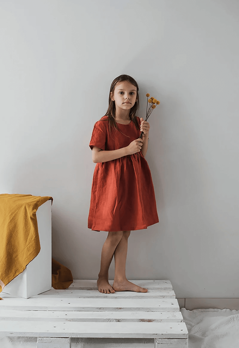 Kids Mori Dress  Girls Summer Children's Clothing Literary Cotton And Linen Short-Sleeve Boatneck round neck Princess Dresses in Red