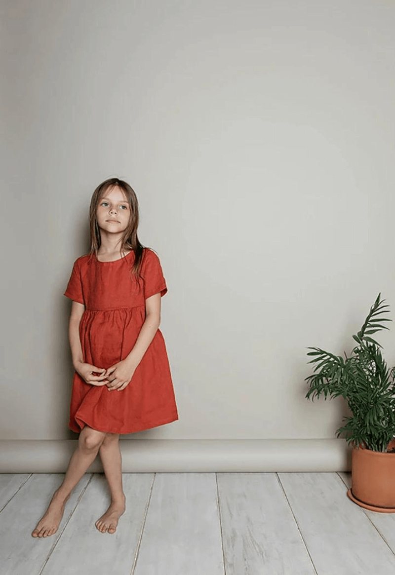 Kids Mori Dress  Girls Summer Children's Clothing Literary Cotton And Linen Short-Sleeve Boatneck round neck Princess Dresses in Red