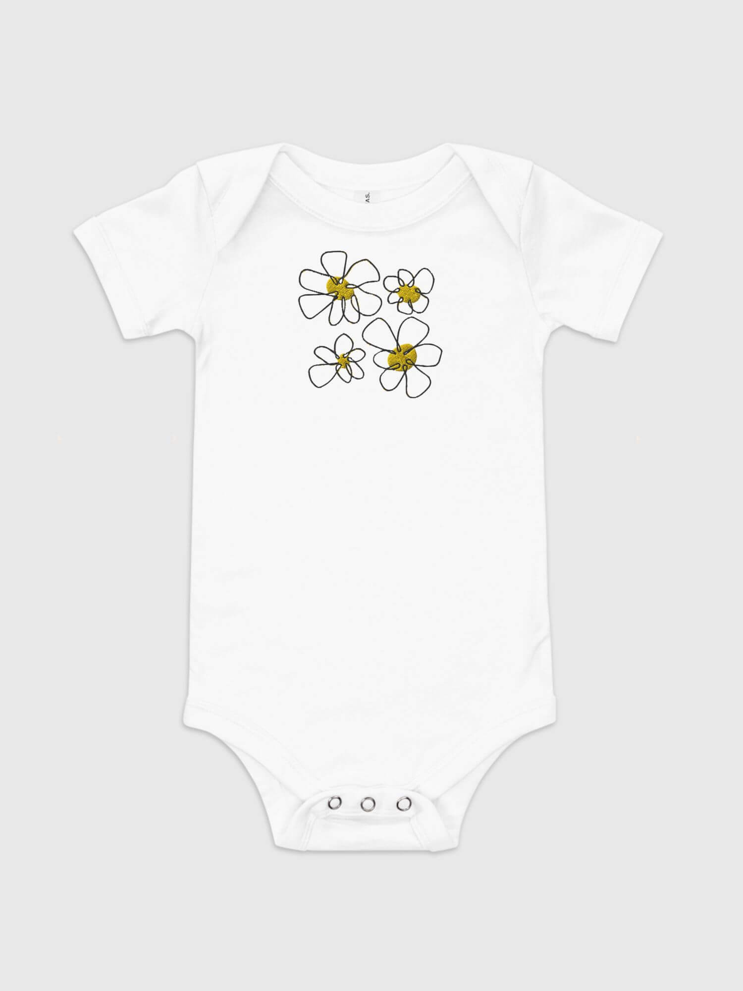 Baby One Piece in Cotton-Linen  Genderful vegan Bodysuit Unisex anywear Boys Girls floral daisy short sleeves crewneck envelope neckline round o-neck three (3) button inseam snaps bottom closure 100% cotton linen one piece outfit in white with yellow black artistic daisies flowers Babies crew neck outfits 