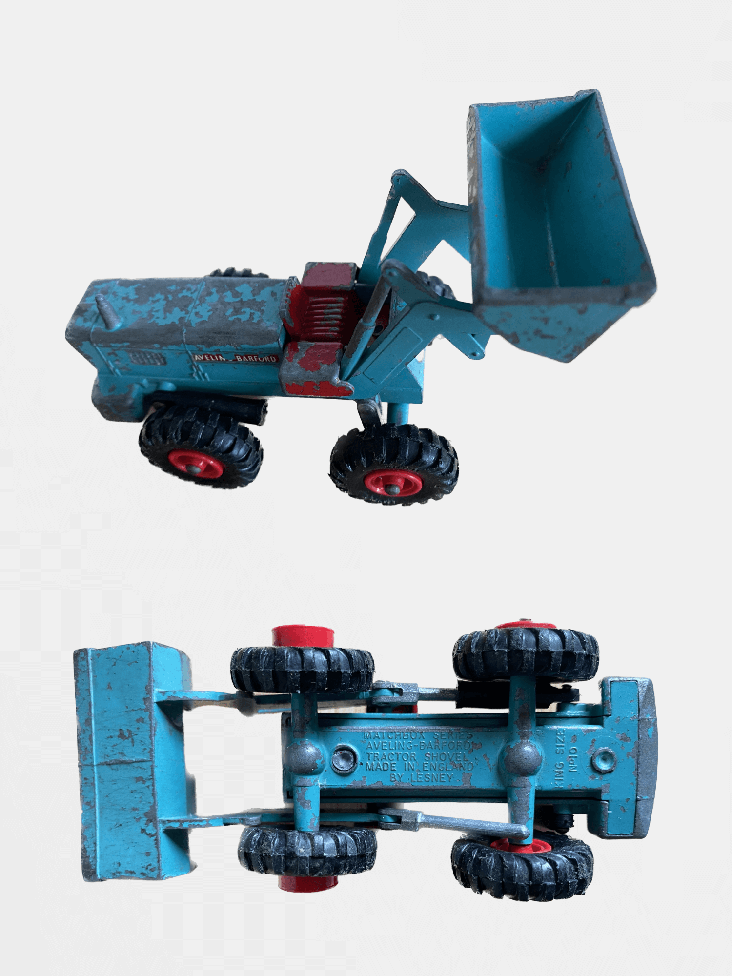 MATCHBOX AVELING-BARFORD TRACTOR SHOVEL Vintage Original Collectors c1970s K-10 Diecast Model Toy Car MADE IN ENGLAND BY LESNEY King Size No. 10 Series Collectible Classic Toys Cars Tractors Collection in Teal blue