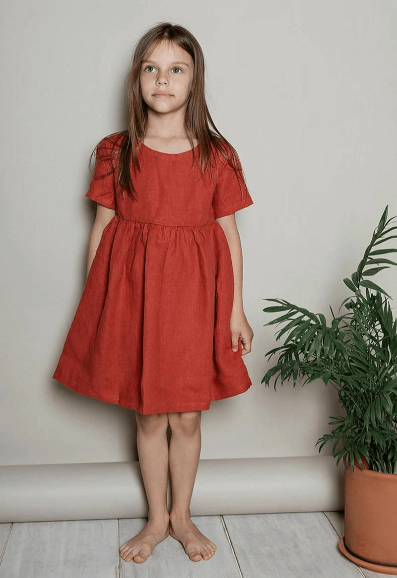 Kids Mori Dress  Girls Summer Children's Clothing Literary Cotton And Linen Short-Sleeve Boatneck round neck Princess Dresses in Red