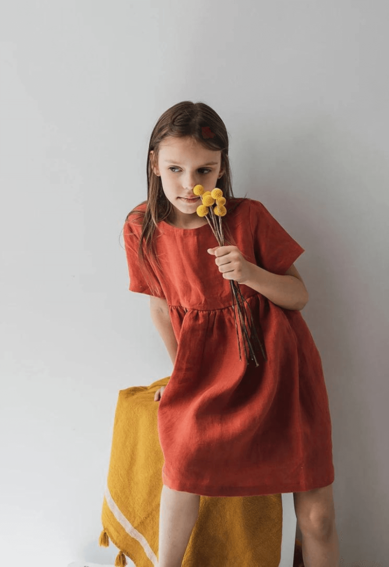 Kids Mori Dress  Girls Summer Children's Clothing Literary Cotton And Linen Short-Sleeve Boatneck round neck Princess Dresses in Red