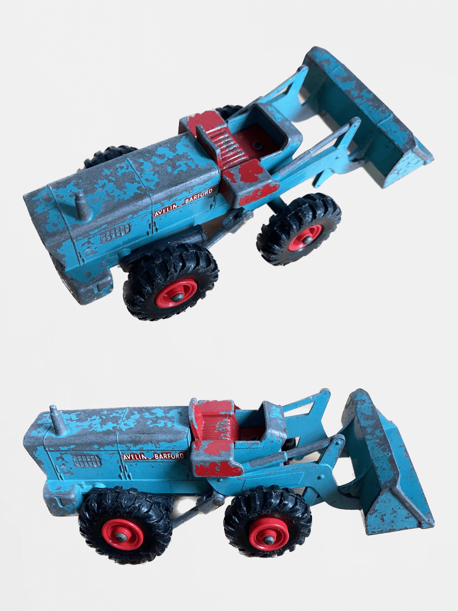 MATCHBOX AVELING-BARFORD TRACTOR SHOVEL Vintage Original Collectors c1970s K-10 Diecast Model Toy Car MADE IN ENGLAND BY LESNEY King Size No. 10 Series Collectible Classic Toys Cars Tractors Collection in Teal blue