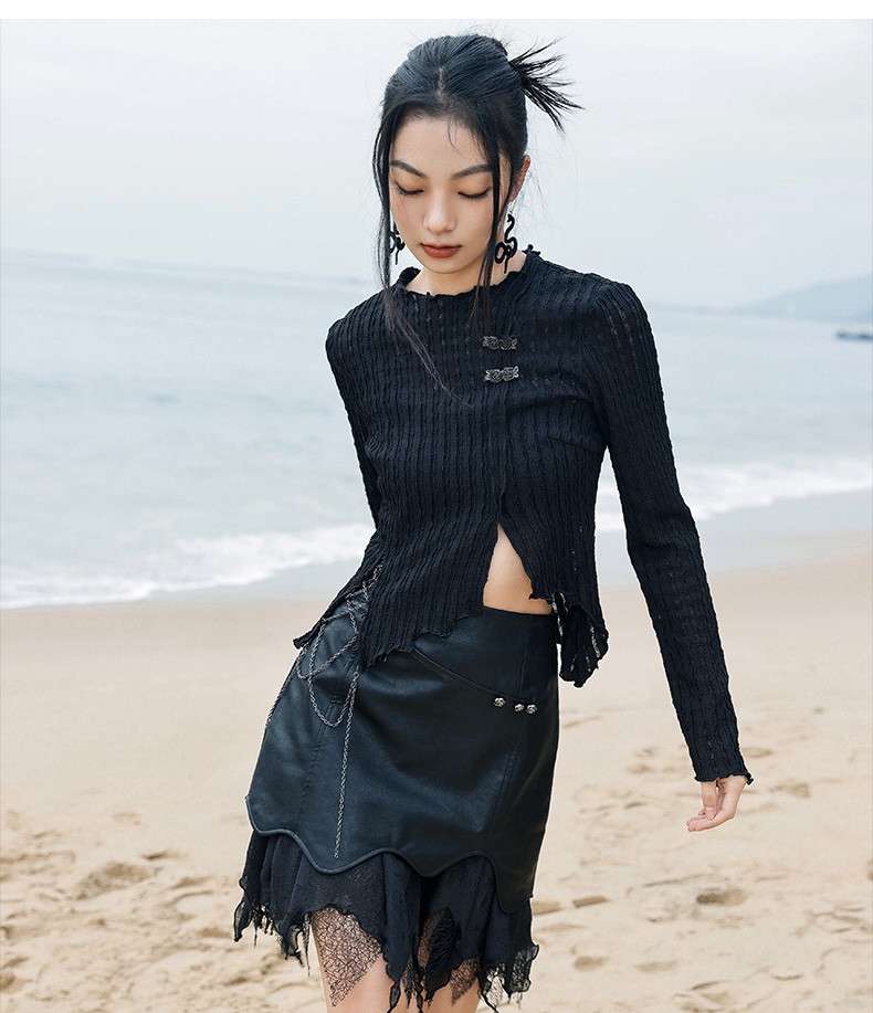 Lace Patchwork Leather Skirt  Women’s Punk Punkrock Goth Gothic Black High Rise Waist A Line Mini Skirts Fashion Spring Summer Clothes for Stylish Woman