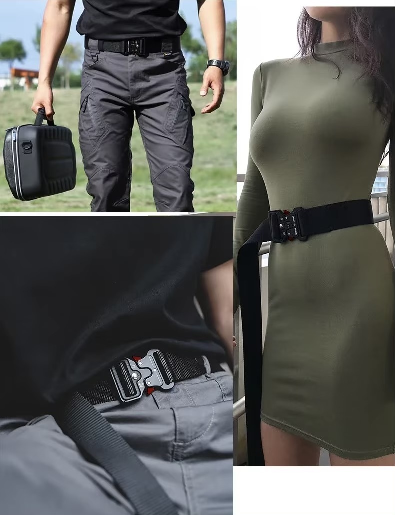 Women&rsquo;s woman womens Men&rsquo;s man mens Unisex Genflex Gender Neutral Genderfluid Casual Metal Buckle nylon Waistband solid pattern summer holiday getaway festival party Tactical Belt Fashion belts accessories in black with red accent color