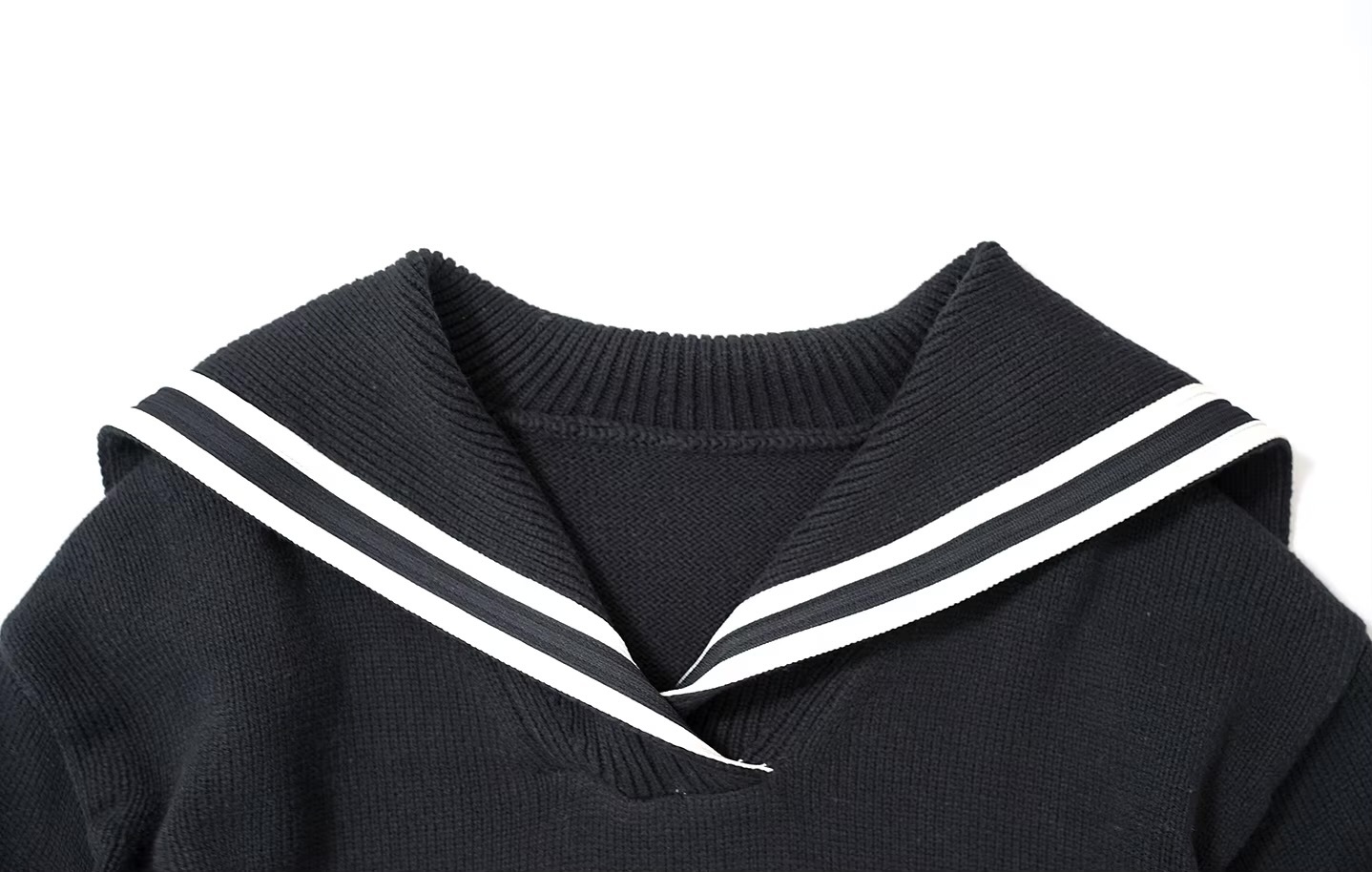 Japanese Sweater    Women’s classic college style navy sailor collar with rib V-neck rounded neckline long sleeves with dropped shoulders and wide ribbed cuffs sailor pullover rib hem sweaters for woman in black with white stripes Worlds Fall autumn spring original tops womens World’s Collide #244793
