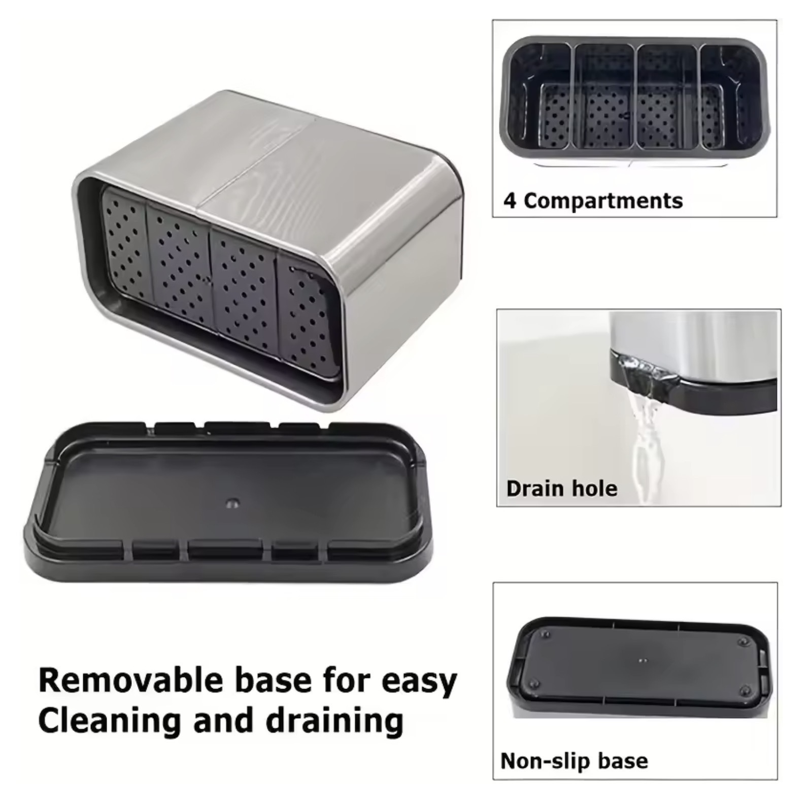 Kitchen Cutlery flatware Organizer Knife Stand Stainless steel Plastic Drain Storage Holder Spoon Fork Chopstick Kitchenware Cooking Tool Tray Shelf Boxes in silver with black accent color