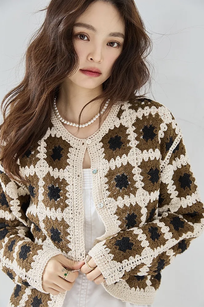 Crochet Cardigan  Women’s Vintage Hollow-out Handmade Autumn Fall Floral Knitted Cardigans Sweaters for Woman in brown