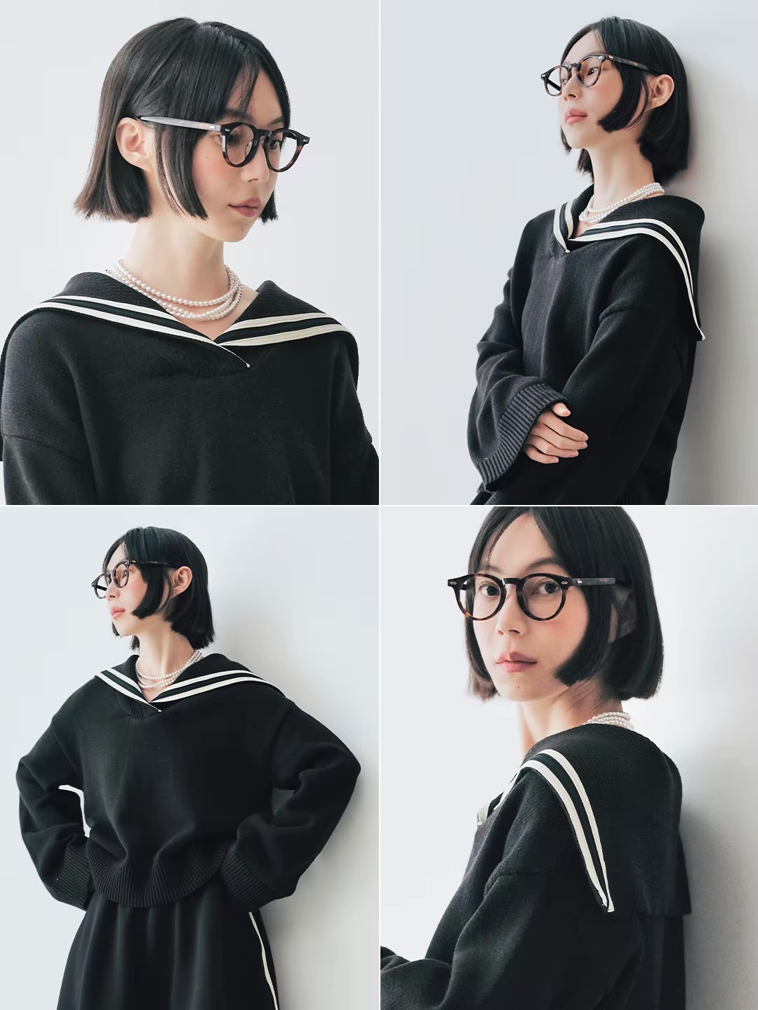Japanese Sweater    Women’s classic college style navy sailor collar with rib V-neck rounded neckline long sleeves with dropped shoulders and wide ribbed cuffs sailor pullover rib hem sweaters for woman in black with white stripes Worlds Fall autumn spring original tops womens World’s Collide #244793
