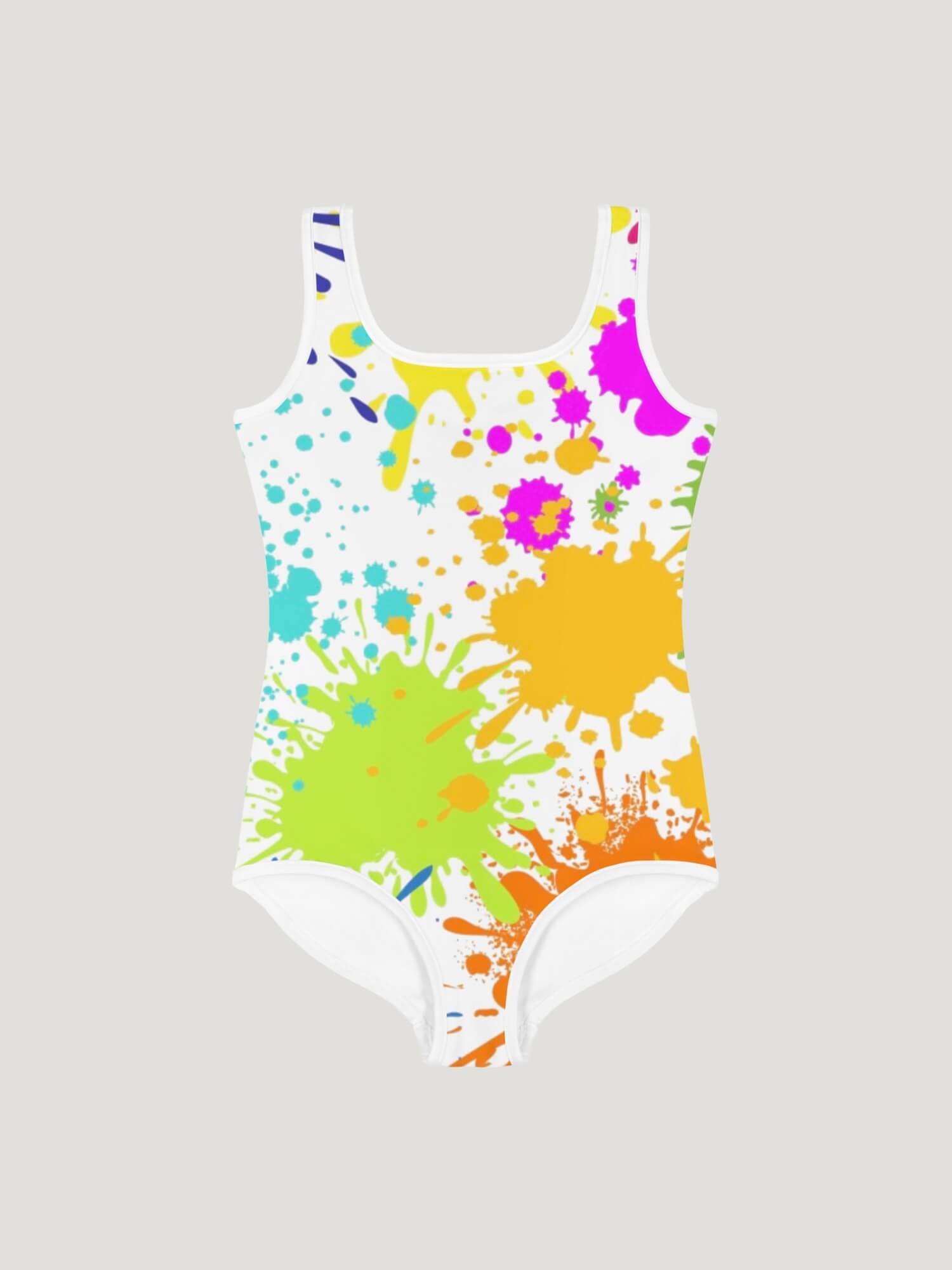 Kids Swimsuit    Girls paint splatter tank straps scoopneck swimsuits for girl in white with multicolor rainbow design multicoloured children’s swimwear