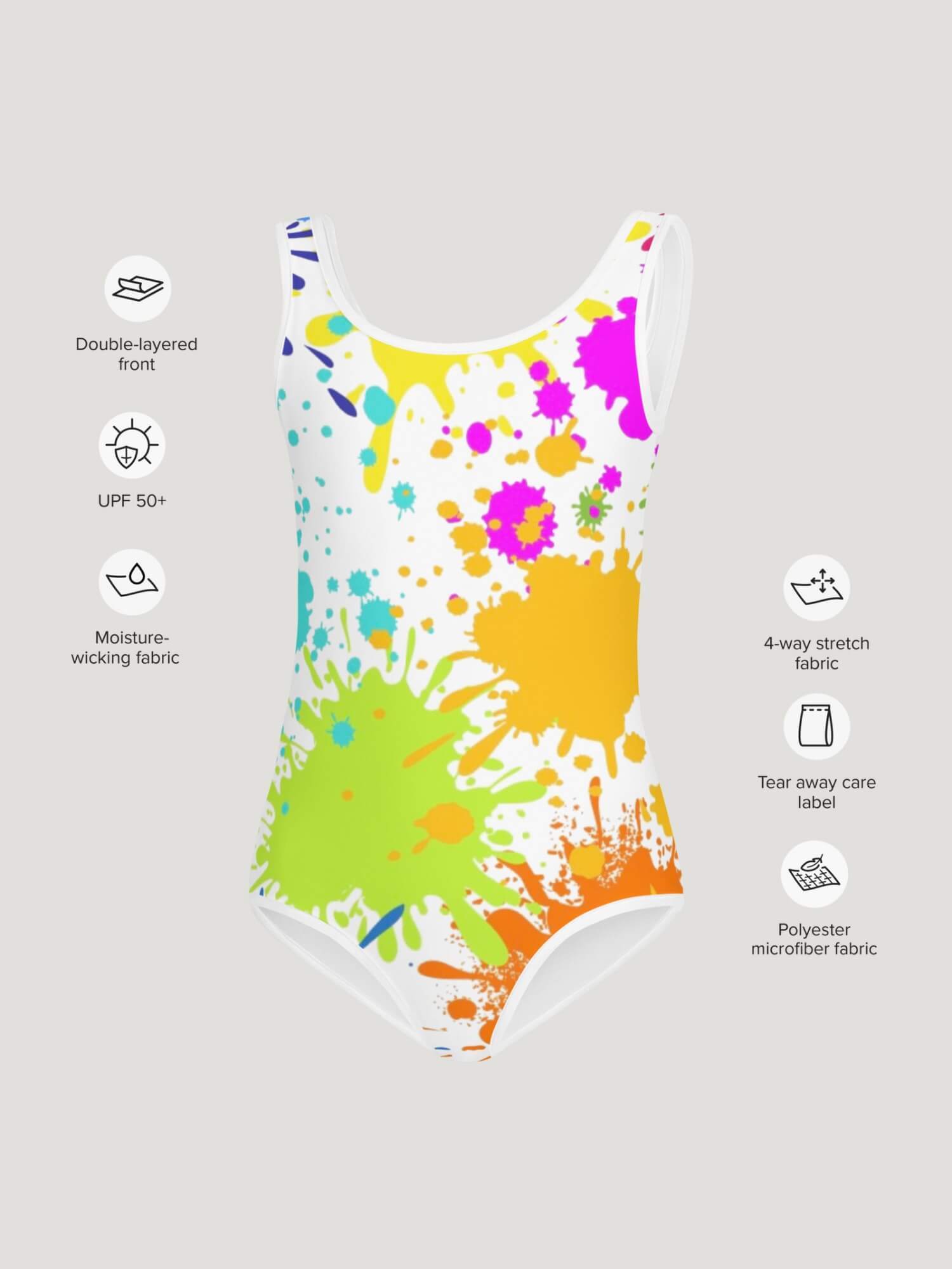 Baby Splat Swimsuit    Baby Girls paint splatter tank straps scoopneck swimsuits for girl in white with multicolor rainbow design multicoloured babies swimwear