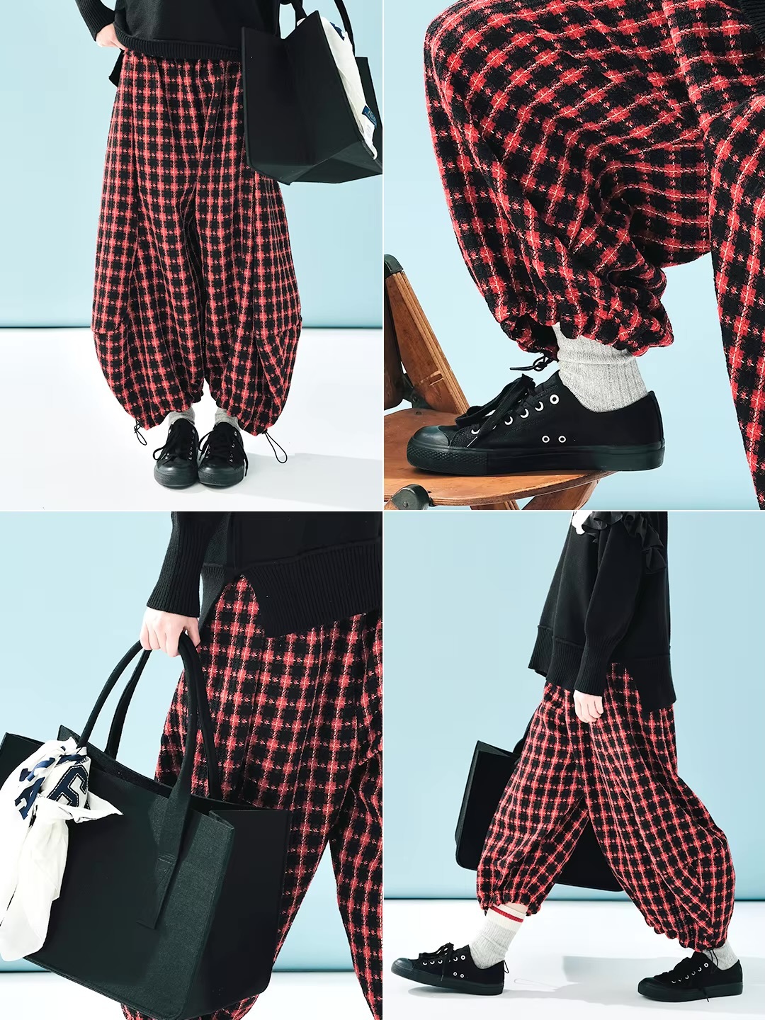 Japanese Checkered Pants   Women’s coarse spinning artistic casual plaid mid rise loose fit shirring blended irregular bent leg ankle length cargo trousers for woman in red Worlds womens original fall autumn winter and spring pant World’s Collide #244883