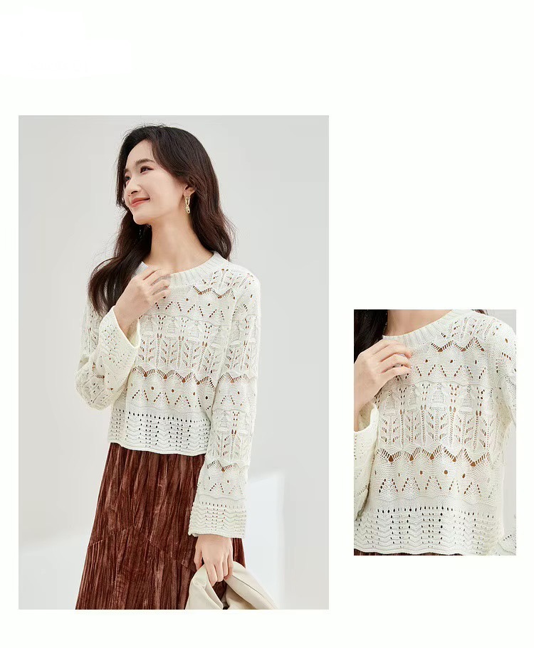 Hollow Out Crewneck Sweater white     Women’s Fall  Autumn round O-neck elegant long sleeves temperament holed acrylic knit regular yarn tops for woman slight stretch Jumpers Womens holes crew neck fashion sweaters  in  off-white #W33E52449