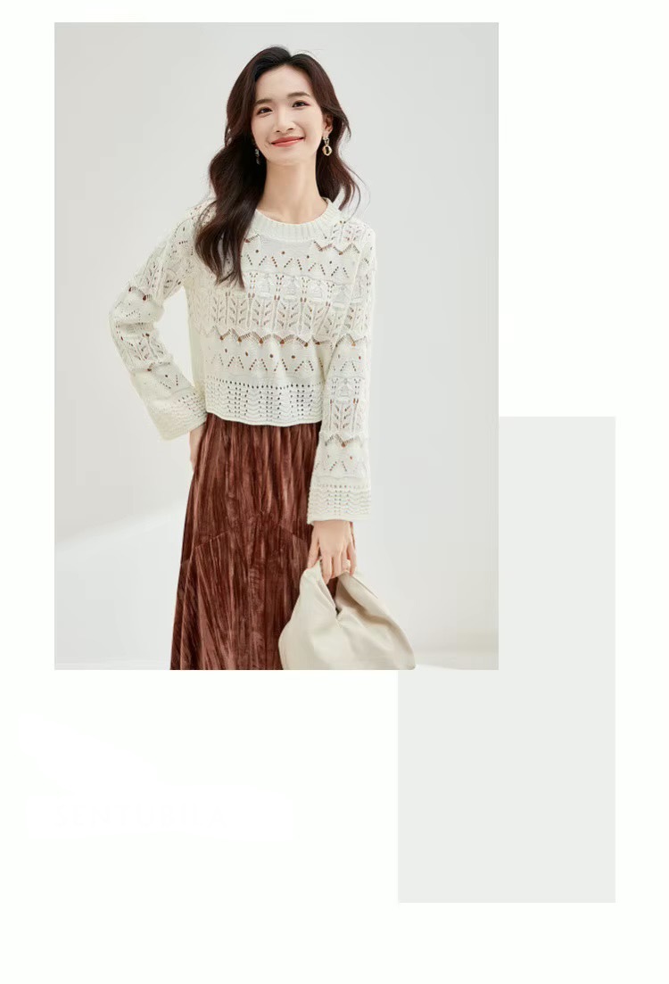 Hollow Out Crewneck Sweater white     Women’s Fall  Autumn round O-neck elegant long sleeves temperament holed acrylic knit regular yarn tops for woman slight stretch Jumpers Womens holes crew neck fashion sweaters  in  off-white #W33E52449